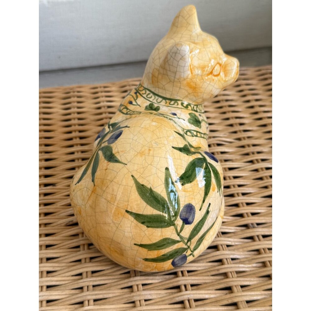 Vintage 70's Ceramic Cat Crackle Glaze Hand Painted Olive Branch - Picture 2 of 13